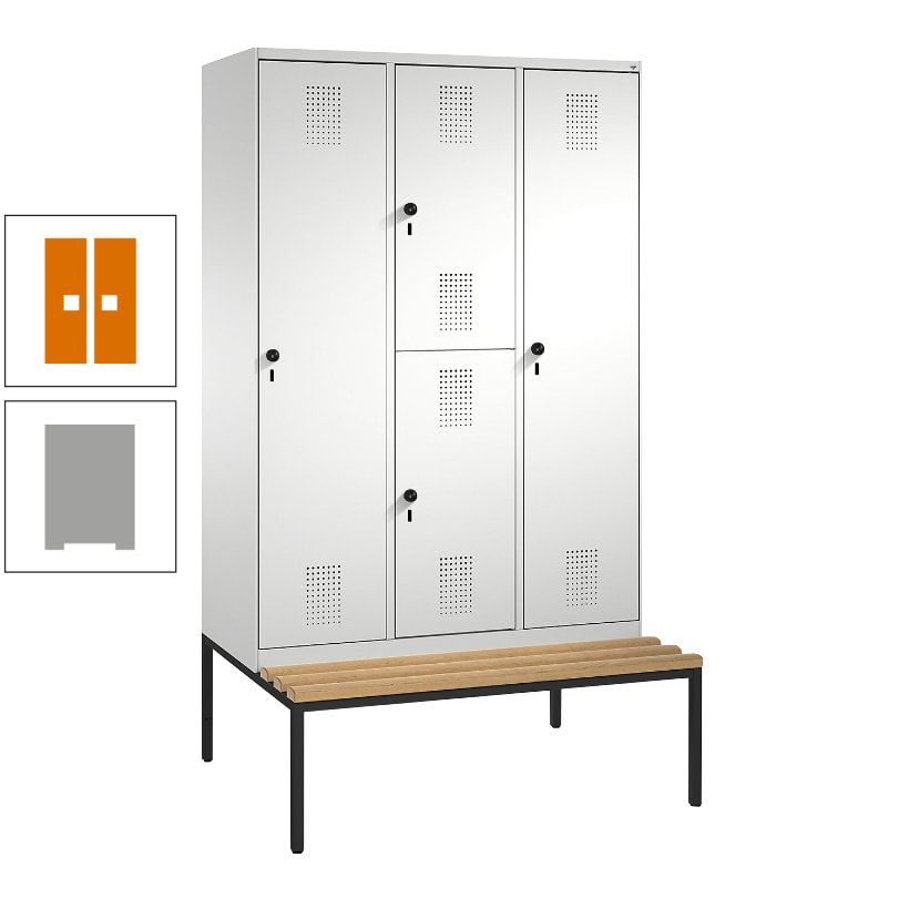 Garderobenschrank, Spind ein- und doppelstöckig Sitzbank, 3 Abteile, 4 Fächer, 2.090x1.200x500 mm (HxBxT), Front anthrazitgrau, Korpus anthrazitgrau