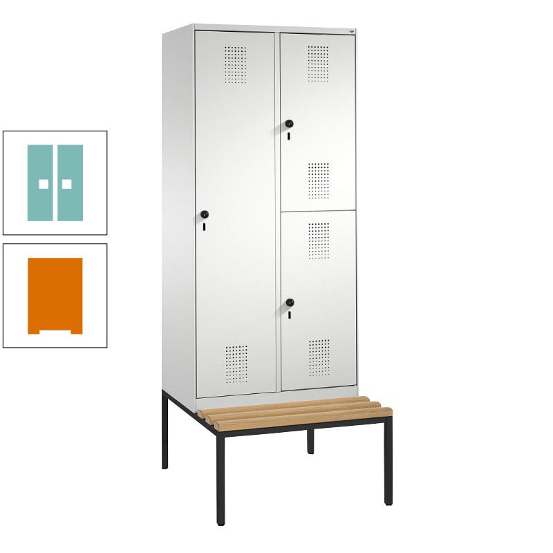 Garderobenschrank, Spind ein- und doppelstöckig Sitzbank, 2 Abteile, 3 Fächer, 2.090 x 800 x 500 mm (HxBxT), Front anthrazitgrau, Korpus anthrazitgrau