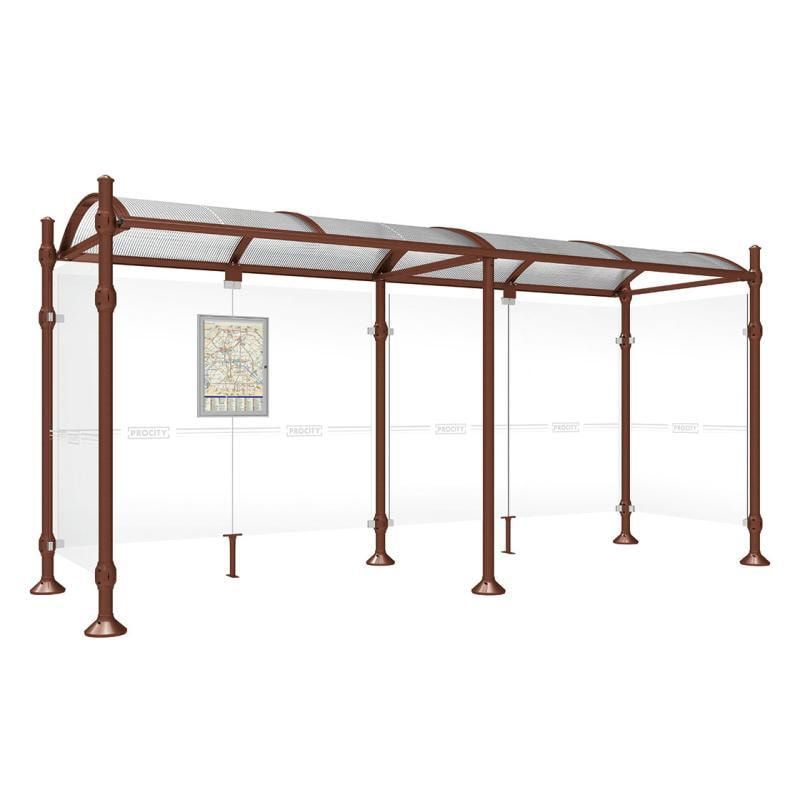 Buswartehalle, Unterstand, 2 Seitenwände, Kopf gebürsteter Edelstahl, ESG, Fahrplanschaukasten, 2.500 x 2.500 x 1.600 mm (HxBxT), Farbe enzianblau