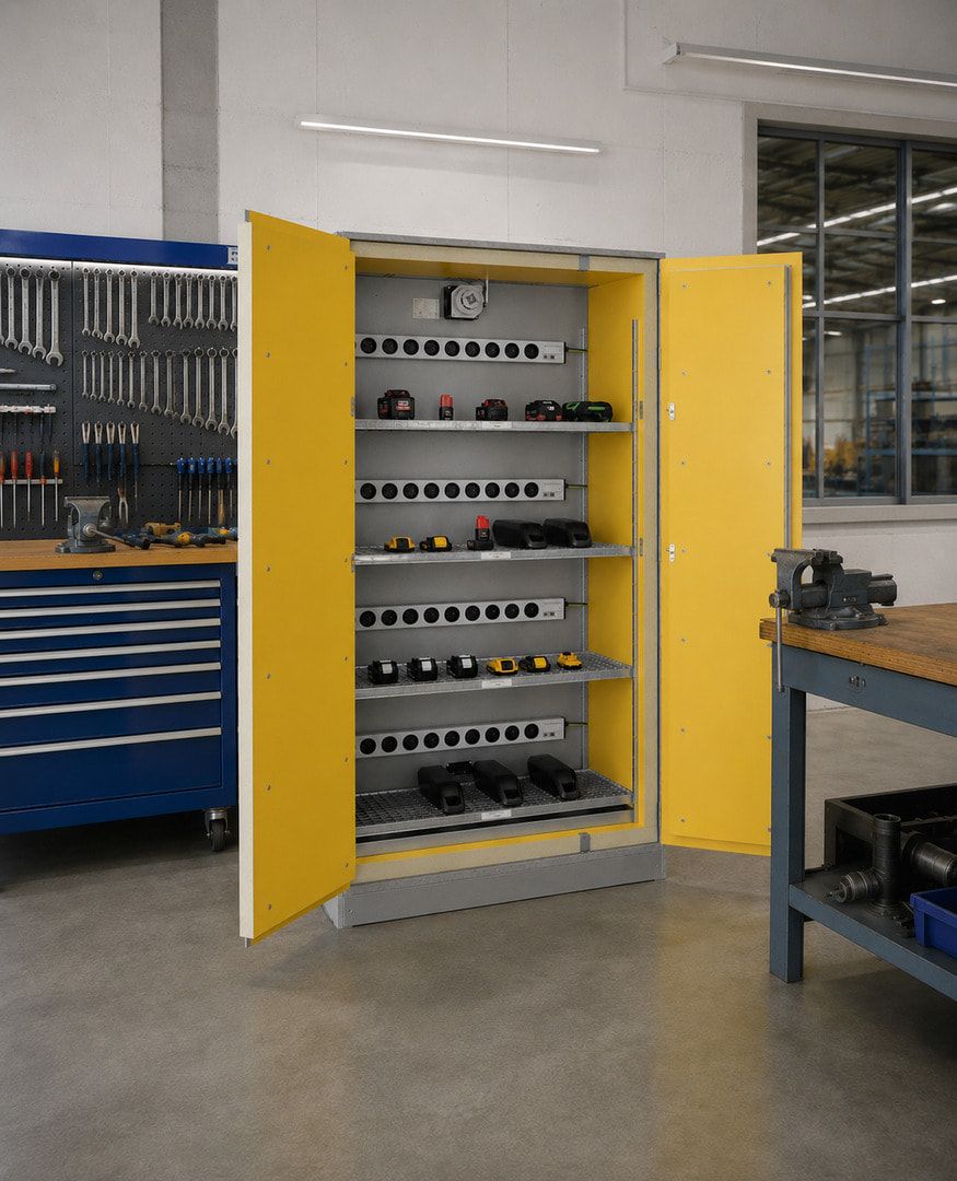 Lithium-Ionen Akkuschrank mit Lademöglichkeit, 2 Steckdosenleisten, Basic Charge EI 90 Sicherheitsschrank, 2.048 x 1.148 x 591 mm (HxBxT)