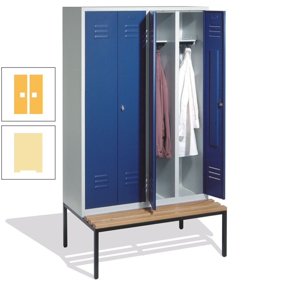 Doppel-Spindschrank, Buche Sitzbank untergebaut, 4 Abteile a 300 mm, Korpus lichtgrau, Tür anthrazitgrau, 2.090 x 1.190 x 815 mm (HxBxT)