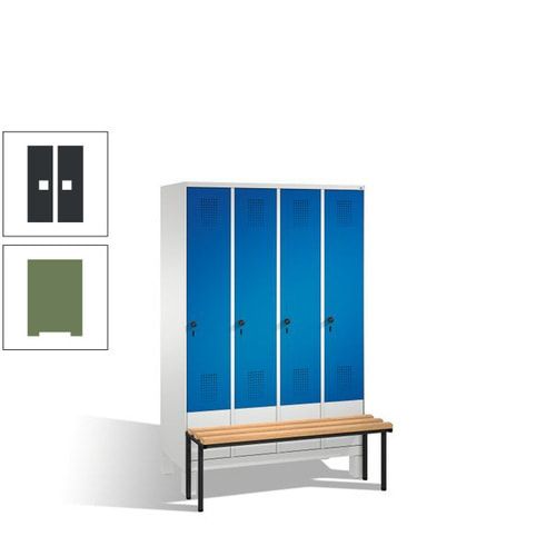 Stahl-Garderobenschrank, Spind, Buche Sitzbank vorgebaut, 4 Abteile a 300 mm, Korpus Lichtgrün, Tür Schwefelgelb, 1.850 x 1.200 x 815 mm (HxBxT)