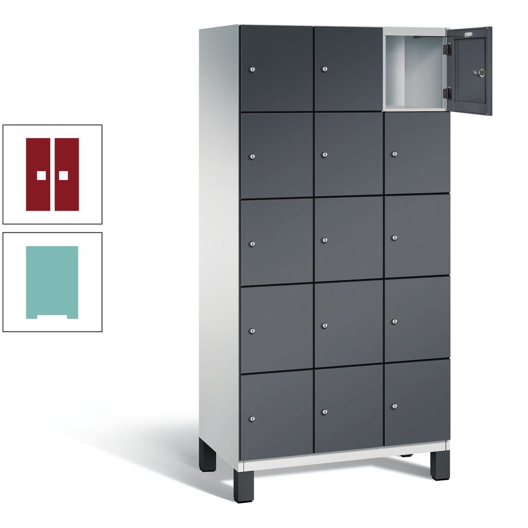 Fächerschrank, Stahlschrank, 15 Fächer, Türöffnungsbegrenzer, Füße, 1.980 x 900 x 525 mm (HxBxT), Korpus anthrazitgrau, Front anthrazitgrau