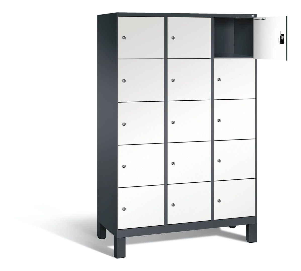 Garderobenschrank, Spindschrank auf Füßen, 3 Abteile, 15 Fächer, 1.850 x 1.200 x 500 mm (HxBxT), Dekorfront HPL Donau-Ahorn, Korpus anthrazitgrau