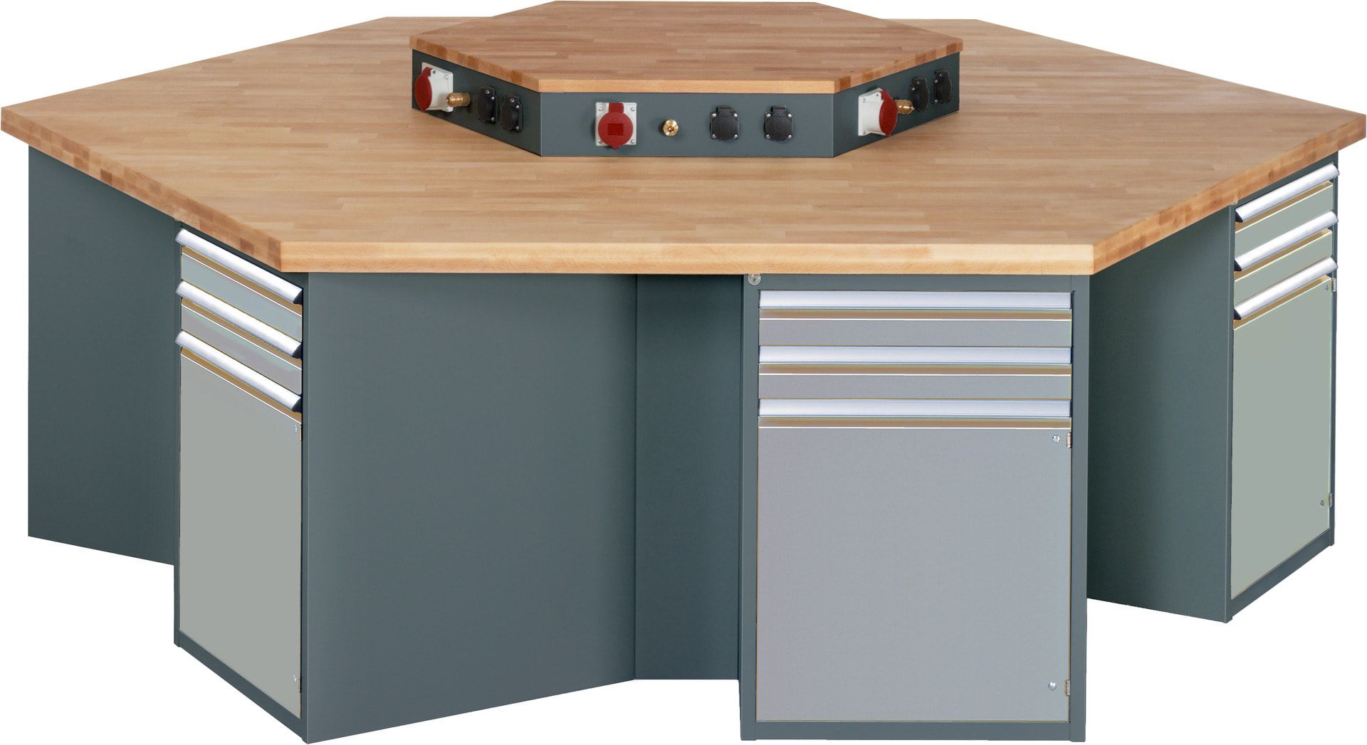 Gruppenwerkbank, Buche, Höhe 840 mm, mit Energieaufsatz, Unterbau-Container, 2 Schubladen, 1 Tür, 1 Boden - Anthrazitgrau