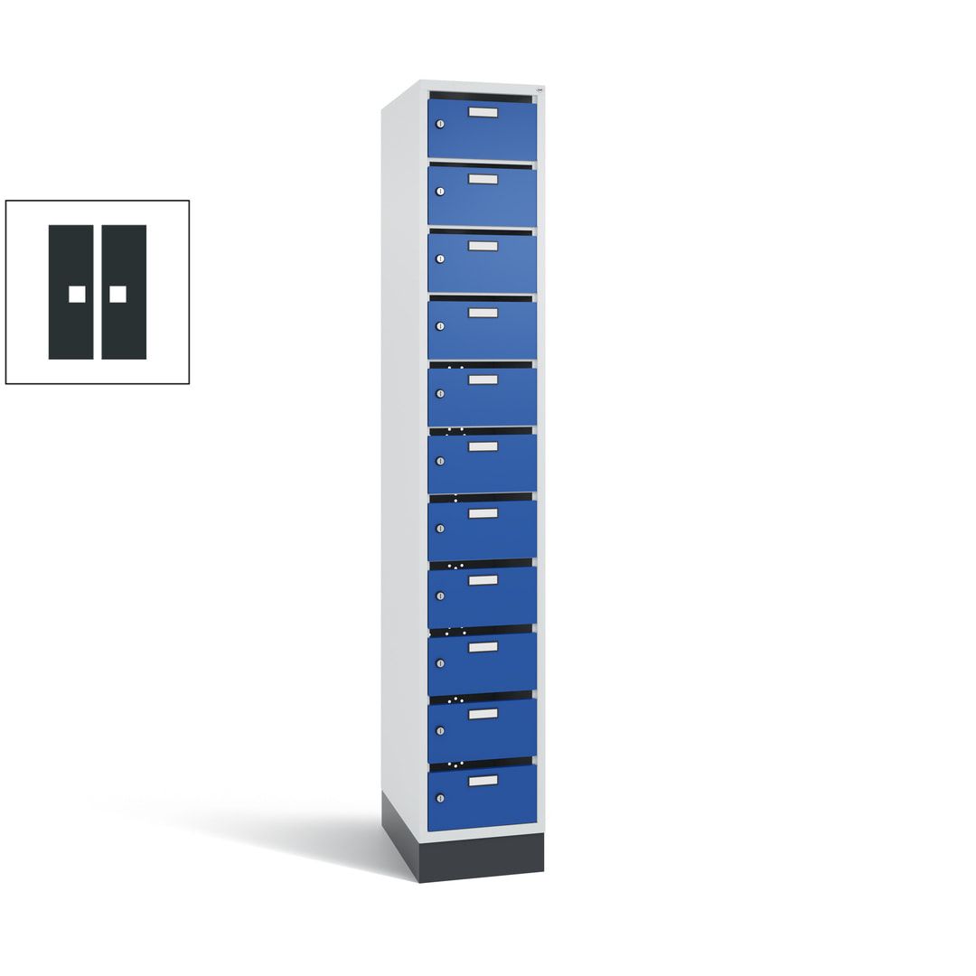 Postverteilerschrank, Schließfachschrank, mit Sockel, 11 Fächer, 1.950 x 320 x 500 mm (HxBxT), Korpus anthrazitgrau, Tür anthrazitgrau
