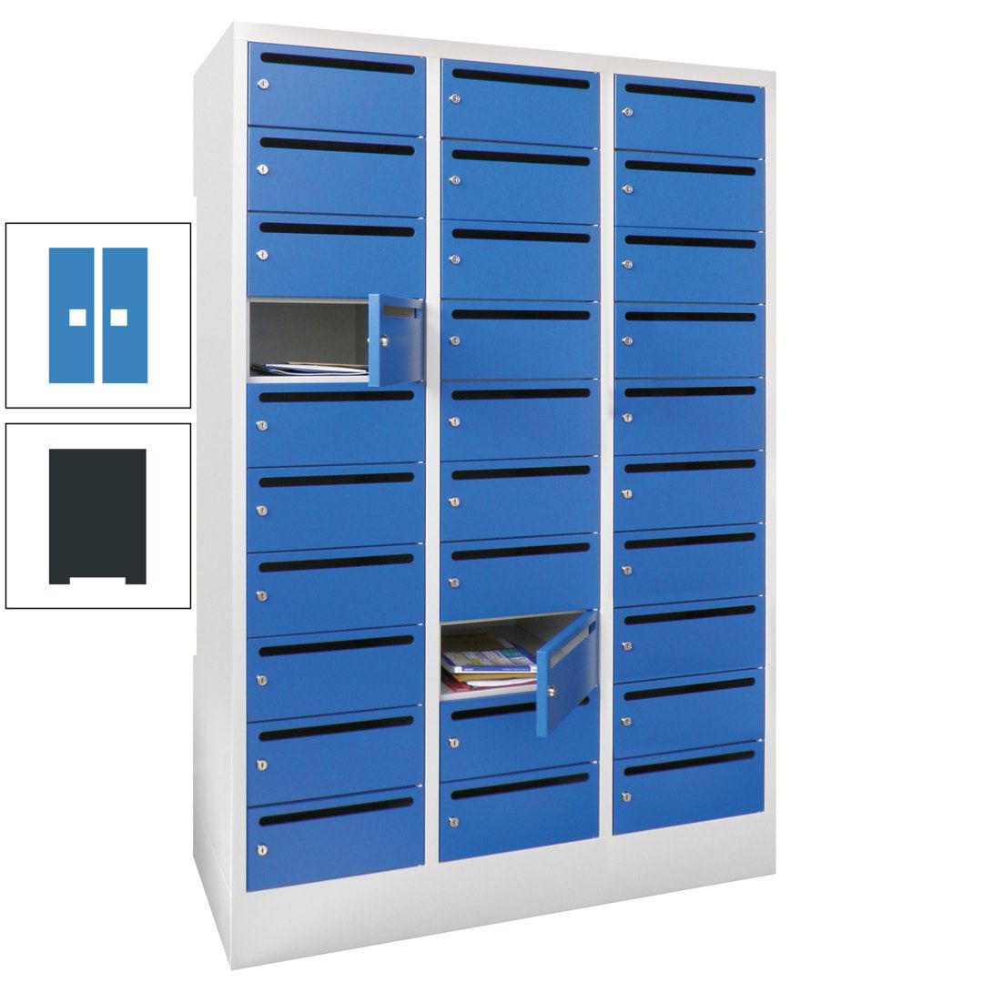 Postverteilerschrank, Schließfachschrank, 3 Abteile a 300 mm, 30 Fächer, 1.850 x 900 x 500 mm (HxBxT), Korpus anthrazitgrau, Front anthrazitgrau