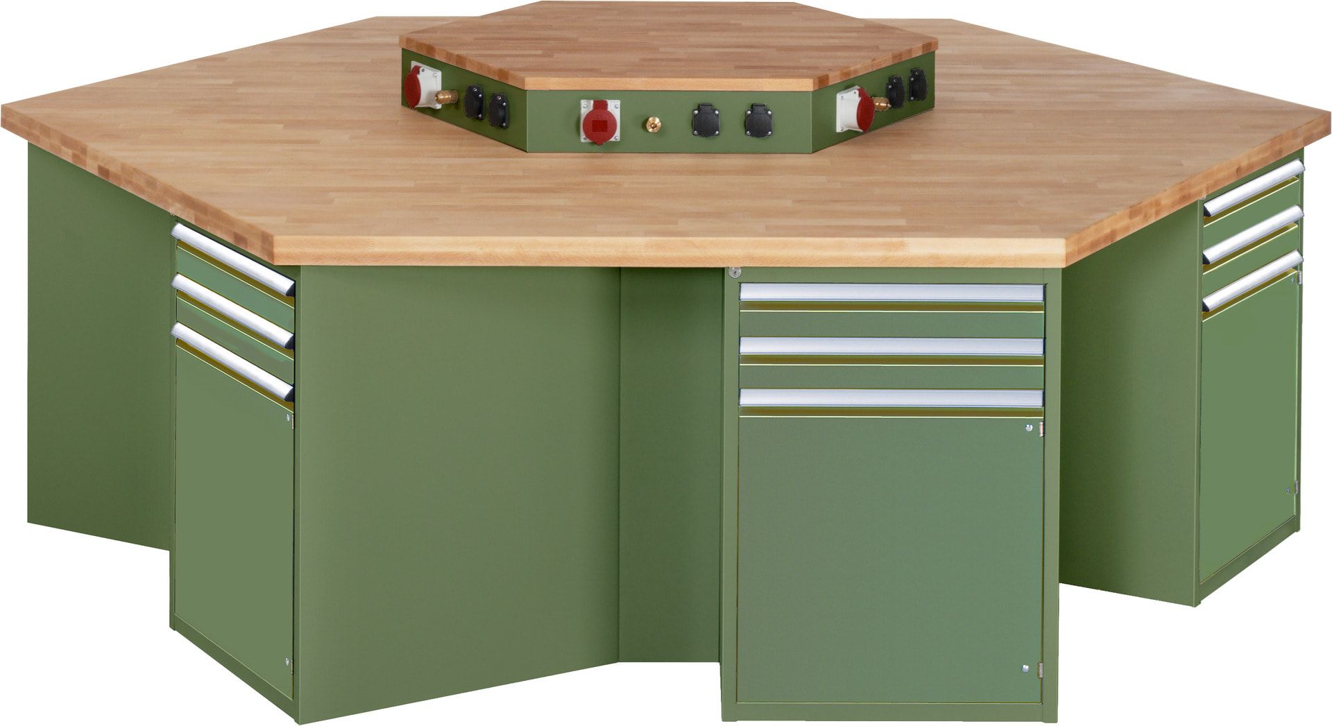 Gruppenwerkbank, Buche, Höhe 840 mm, mit Energieaufsatz, Unterbau-Container, 2 Schubladen, 1 Tür, 1 Boden - Anthrazitgrau