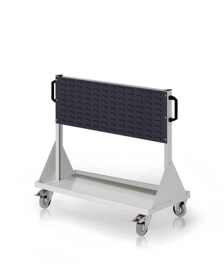 Mobiler Rollwagen, 2 Schlitzplatten, 6 Sichtlagerkästen, 3 Transportbehälter, Wellenträger, 890 x 1.000 x 500 mm (HxBxT), Anthrazitgrau (RAL 7016)