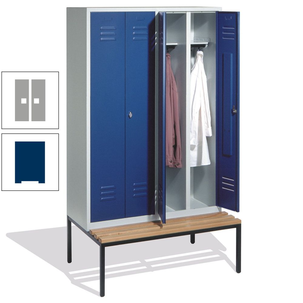 Doppel-Spindschrank, Buche Sitzbank untergebaut, 4 Abteile a 300 mm, Korpus lichtgrau, Tür anthrazitgrau, 2.090 x 1.190 x 815 mm (HxBxT)