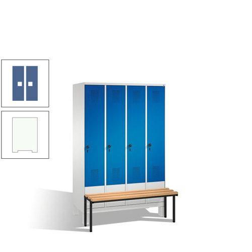 Stahl-Garderobenschrank, Spind, Buche Sitzbank vorgebaut, 4 Abteile a 300 mm, Korpus Lichtgrün, Tür Schwefelgelb, 1.850 x 1.200 x 815 mm (HxBxT)