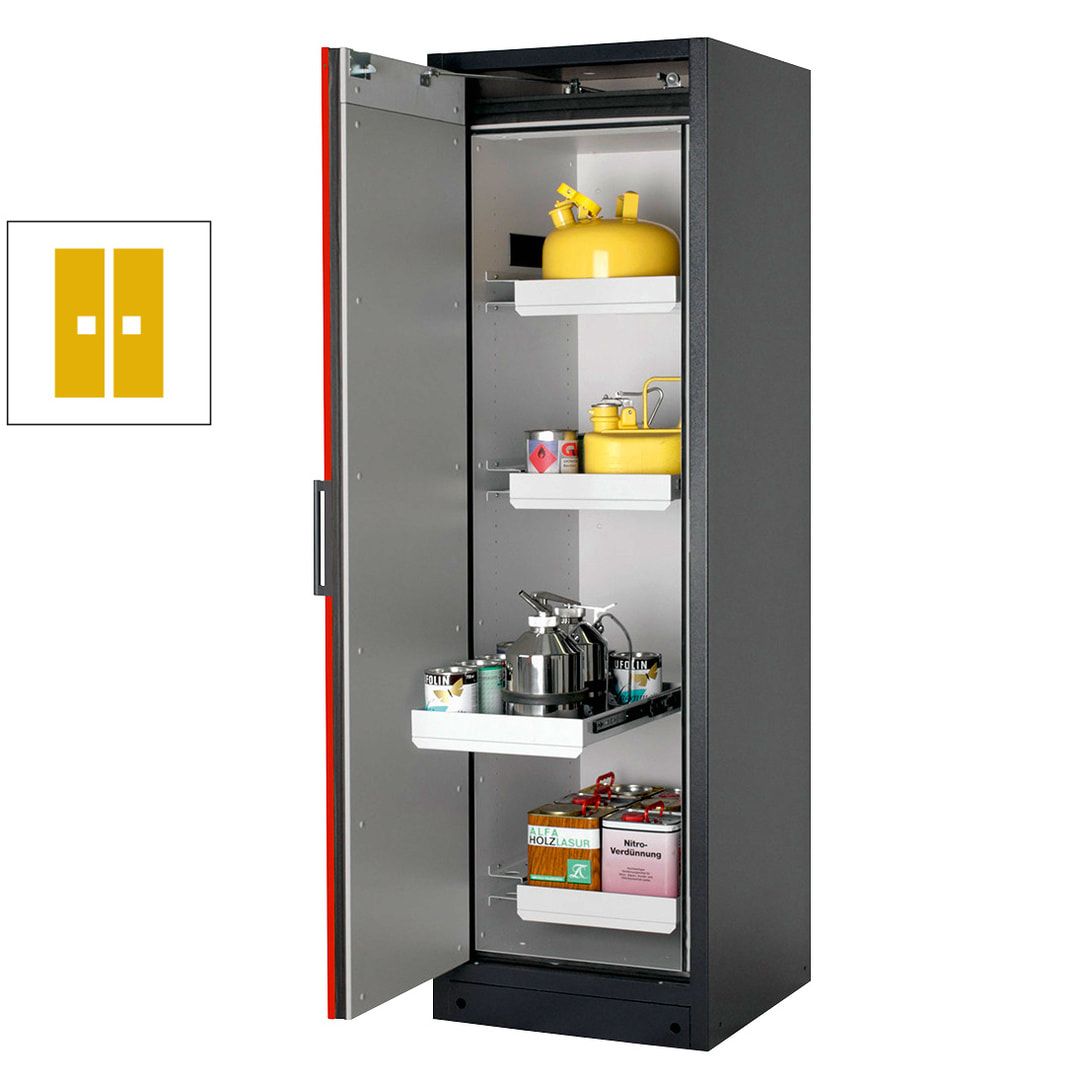 Gefahrstoffschrank - 2 x 0,6 x 0,6 m - 2 Auszugswannen - Edelstahl-Einrichtung - Türanschlag links - Front enzianblau