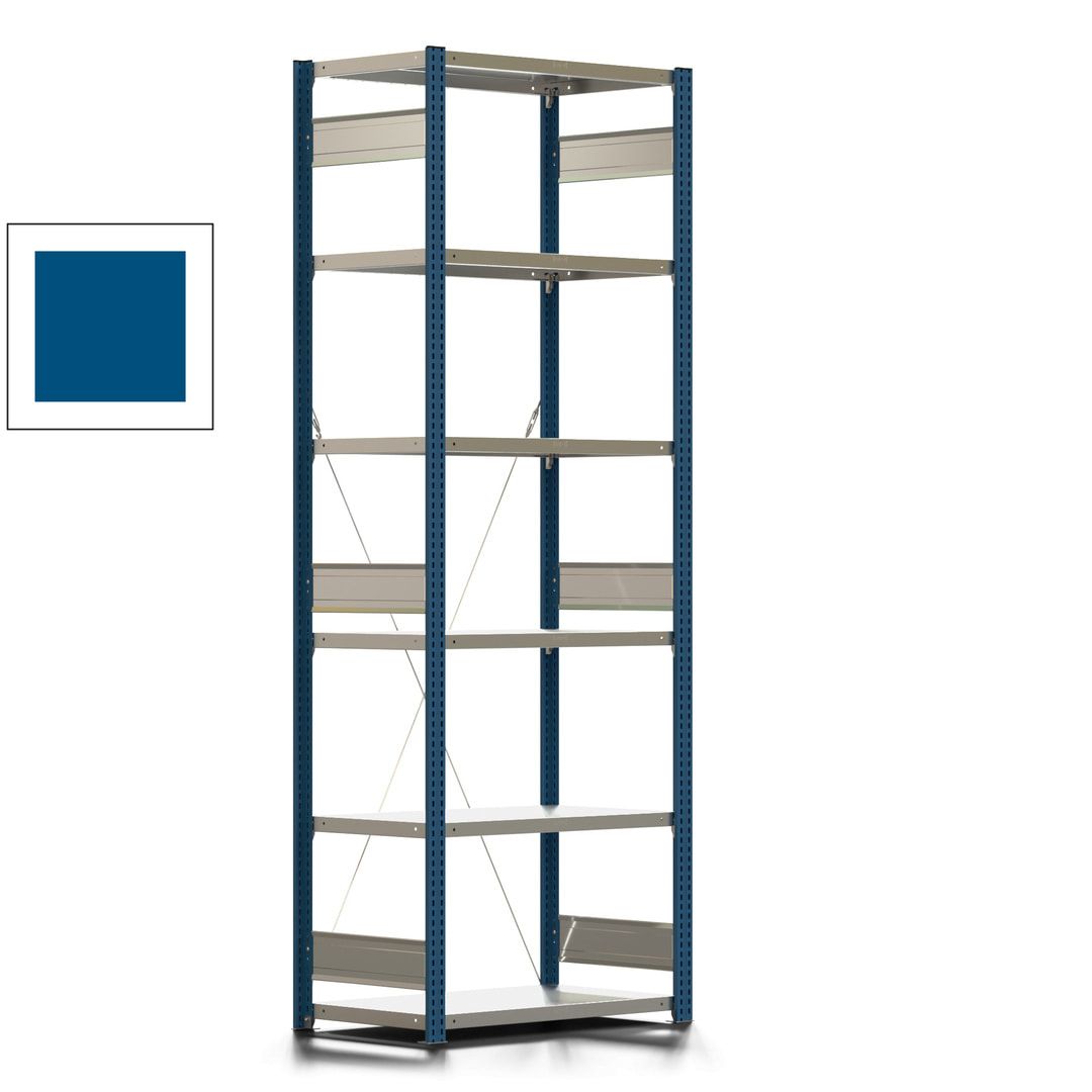 Fachbodenregal mit Tiefenriegel - 350 kg - 2.500 x 875 x 526 mm (HxBxT) - Anbauregal - 6 Böden - enzianblau - Lagerregal - Steckregal BERT