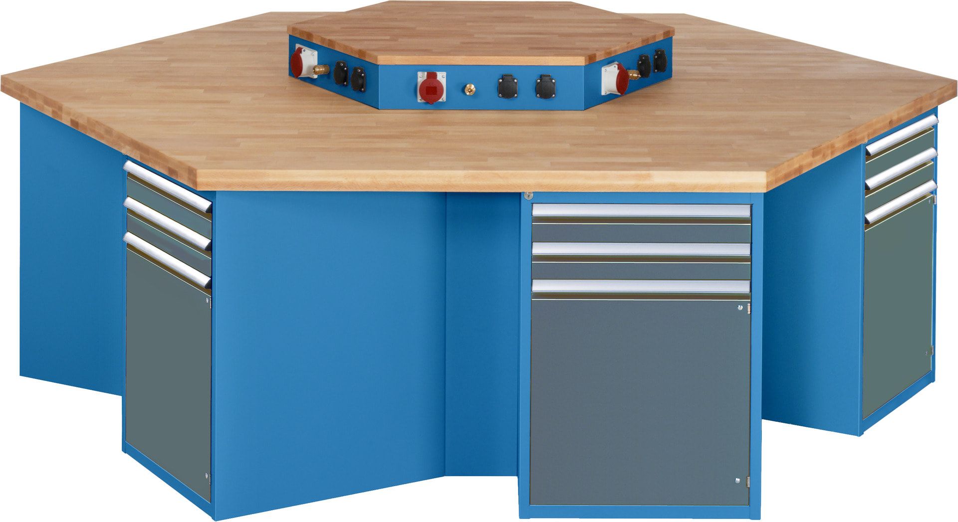 Gruppenwerkbank, Buche, Höhe 840 mm, mit Energieaufsatz, Unterbau-Container, 2 Schubladen, 1 Tür, 1 Boden - Anthrazitgrau