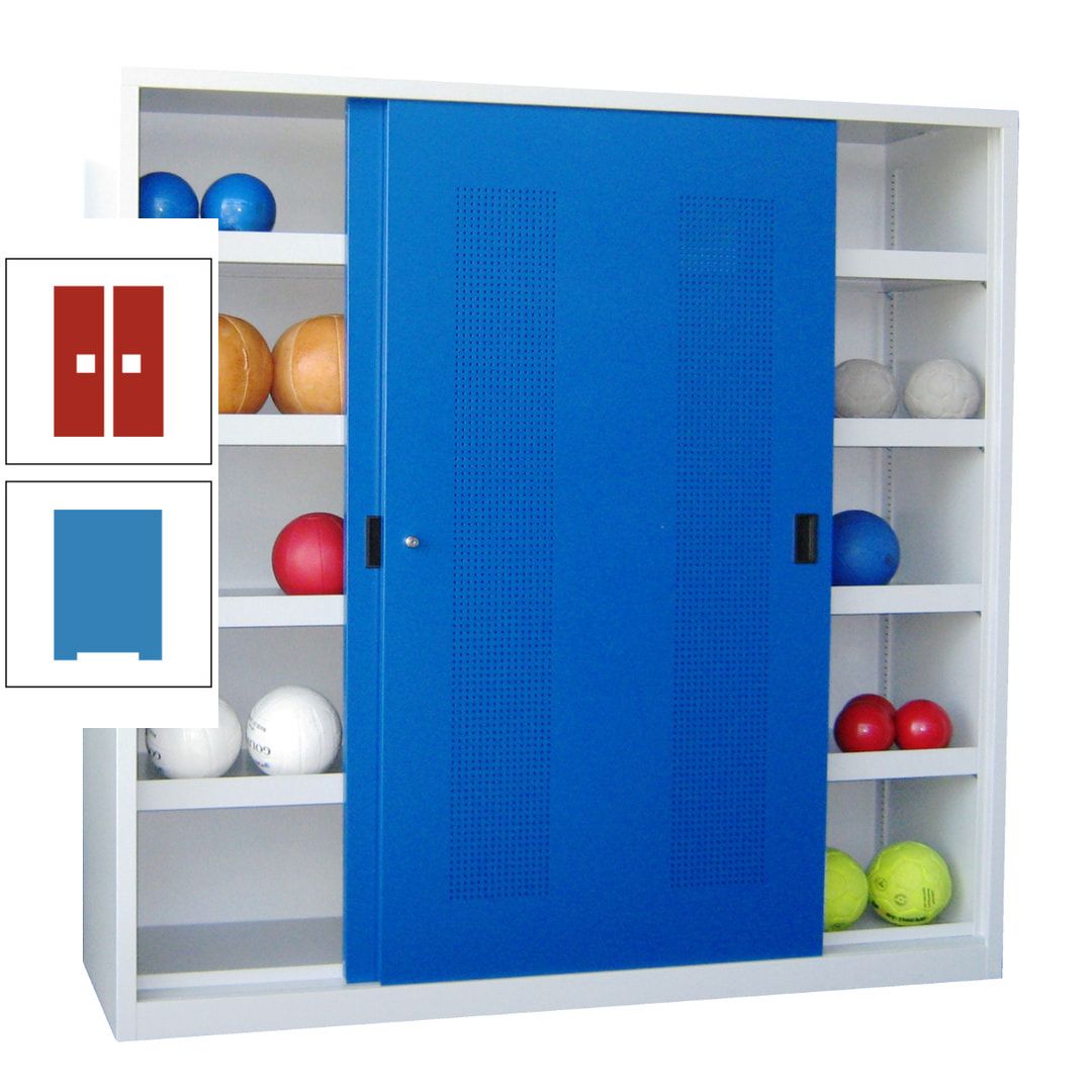 Ballschrank - Schiebetüren mit Lochfeld - Trennwand - 8 Böden - 1.950x2.000x600 mm (HxBxT) - anthrazitgrau