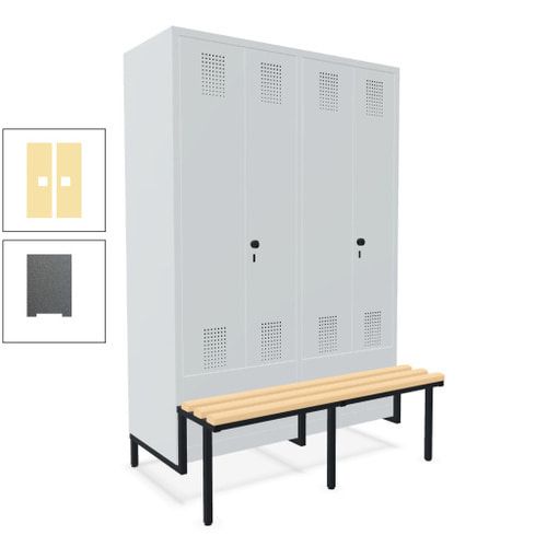 Doppel-Spind, Garderobenschrank, Buche Sitzbank integriert, 4 Abteile 300 mm, Korpus anthrazitgrau, Tür anthrazitgrau, 1.850 x 1.200 x 815 mm (HxBxT)