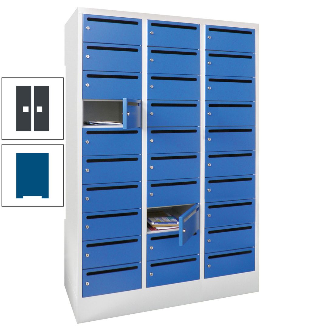 Postverteilerschrank, Schließfachschrank, 3 Abteile a 300 mm, 30 Fächer, 1.850 x 900 x 500 mm (HxBxT), Korpus anthrazitgrau, Front anthrazitgrau