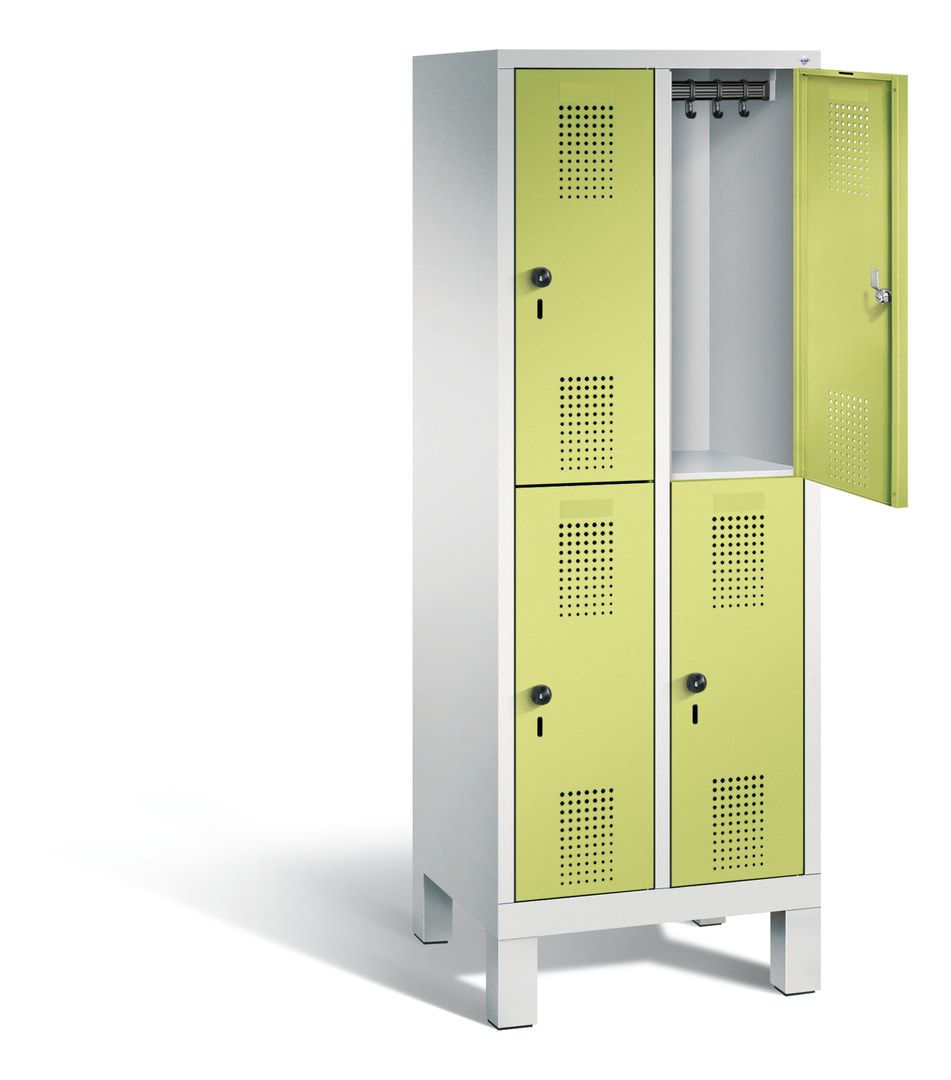 Schließfachschrank für Grundschulen, Fächerschrank, 2 Abteile, 4 Fächer, Füße, 1.650 x 610 x 500 mm (HxBxT), Korpus Schwefelgelb, Tür anthrazitgrau