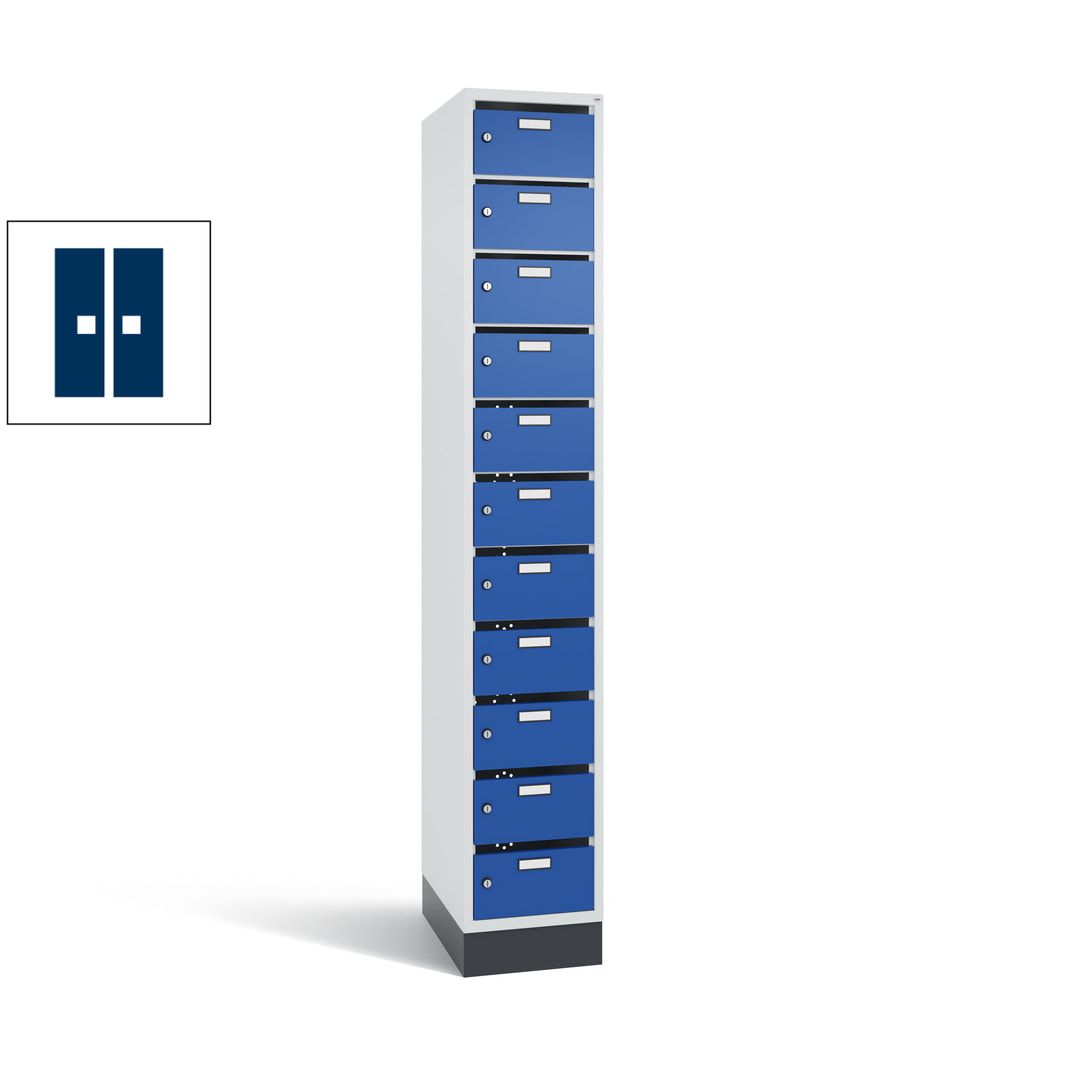 Postverteilerschrank, Schließfachschrank, mit Sockel, 11 Fächer, 1.950 x 320 x 500 mm (HxBxT), Korpus lichtgrau, Tür anthrazitgrau