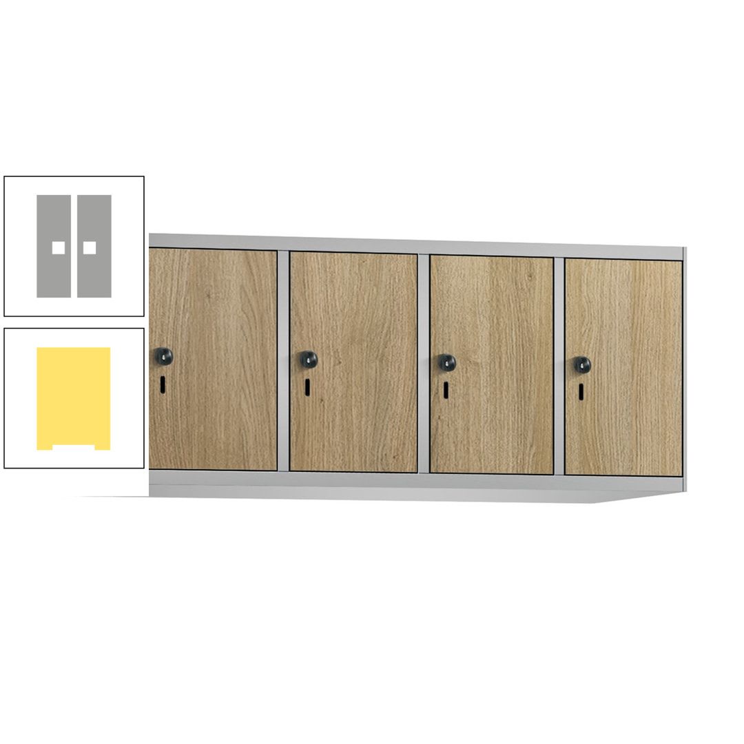 Aufsatzschrank, Schrankaufsatz, 4 Fächer a 300 mm, Farbe Pastellgelb, Tür anthrazitgrau, 500 x 1.200 x 500 mm (HxBxT)