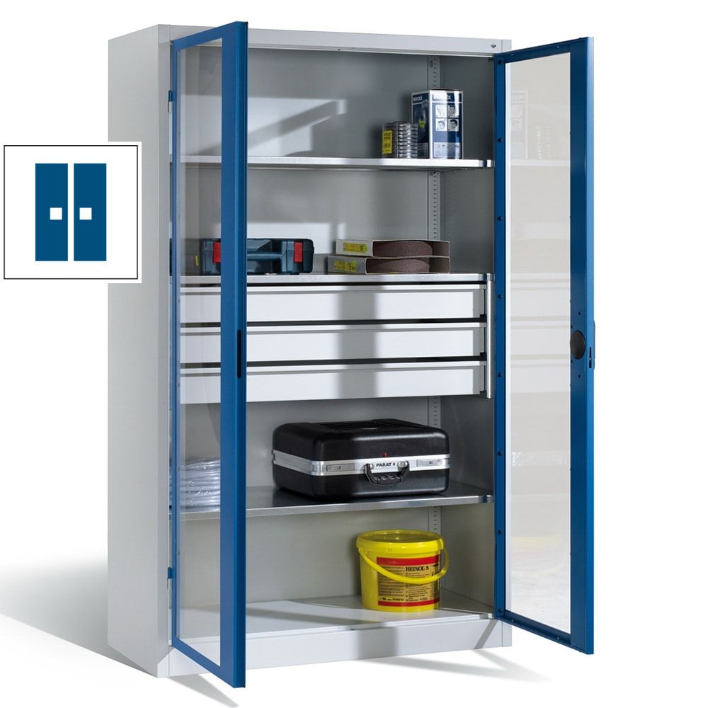 C+P Großraum Werkzeugschrank mit Sichtfenstertüren, 3 Fachböden, 3 Schubladen mittig, Farbe lichtgrau, 1.950 x 1.200 x 600 (HxBxT)