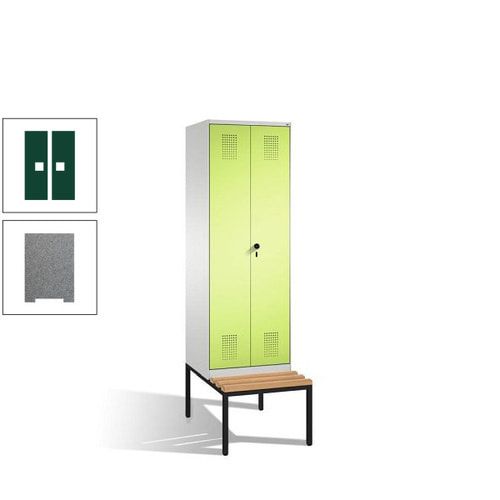 Doppel-Spind, Garderobenschrank, Buche Sitzbank untergebaut, 2 Abteile a 300 mm, Korpus anthrazitgrau, Tür anthrazitgrau, 2.090 x 600 x 815 mm (HxBxT)