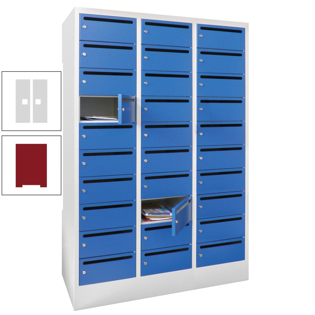 Postverteilerschrank, Schließfachschrank, 3 Abteile a 300 mm, 30 Fächer, 1.850 x 900 x 500 mm (HxBxT), Korpus anthrazitgrau, Front anthrazitgrau
