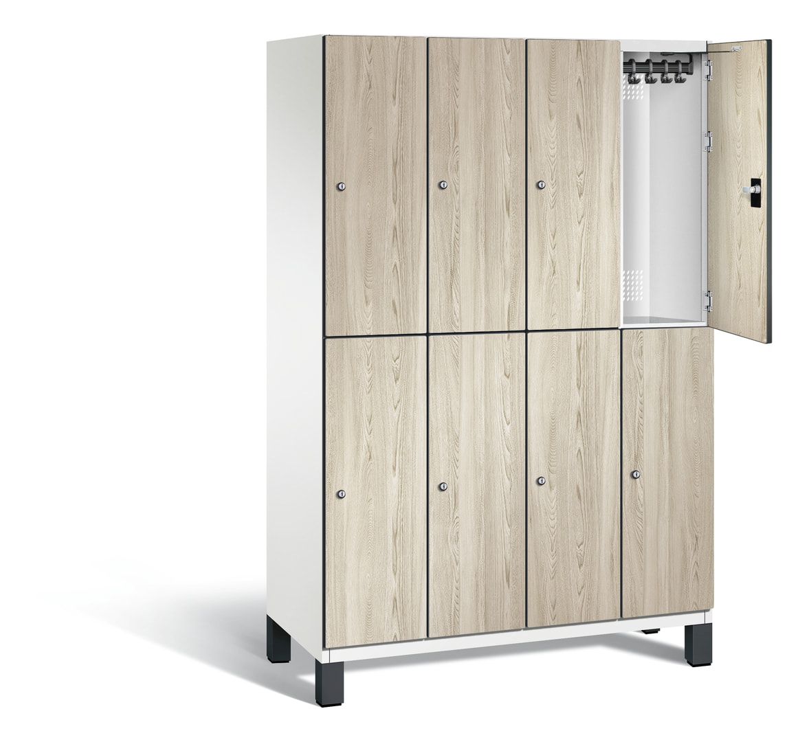Fächerschrank, Garderobenschrank, mit Füßen, 4 Abteile, 1.980 x 1.200 x 525 mm (HxBxT), Korpus anthrazitgrau, Tür Donau-Ahorn