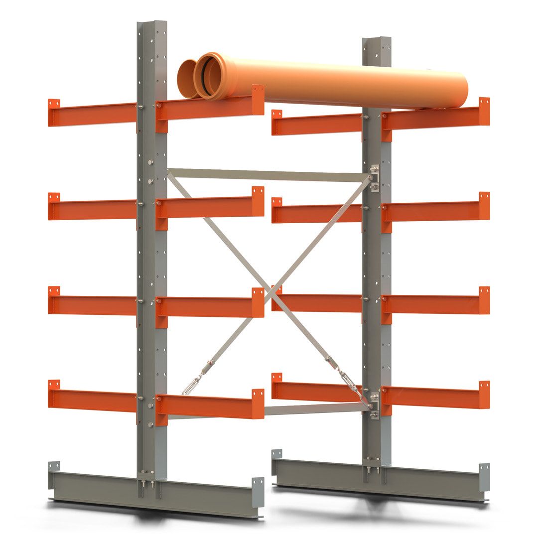 Doppelseitiges Kragarmregal, Anbauregal, 2.000 x 1.280 x 1.120 mm (HxBxT), Nutztiefe 500 mm, Kragarmlast 870 kg, KARL basic, silbergrau/reinorange