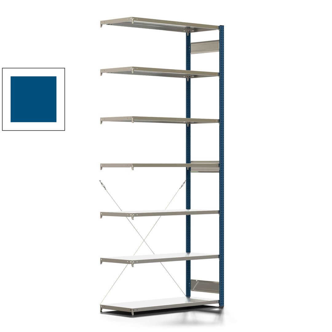 Fachbodenregal mit Tiefenriegel - 350 kg - 3.000 x 1.285 x 526 mm (HxBxT) - Anbauregal - 7 Böden - enzianblau - Lagerregal - Steckregal BERT