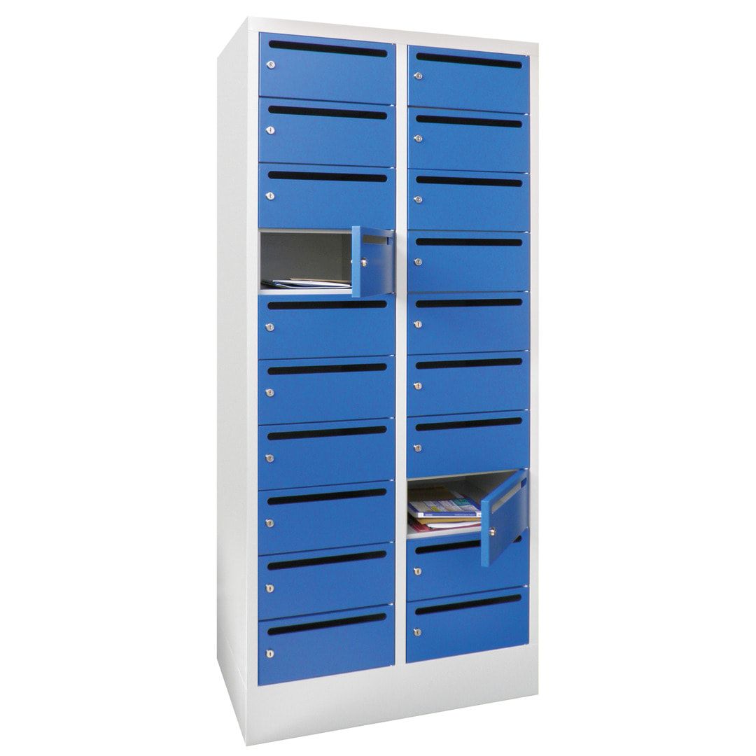 Postverteilerschrank, Schließfachschrank, 2 Abteile a 300 mm, 20 Fächer, 1.850 x 600 x 500 mm (HxBxT), Korpus anthrazitgrau, Front anthrazitgrau