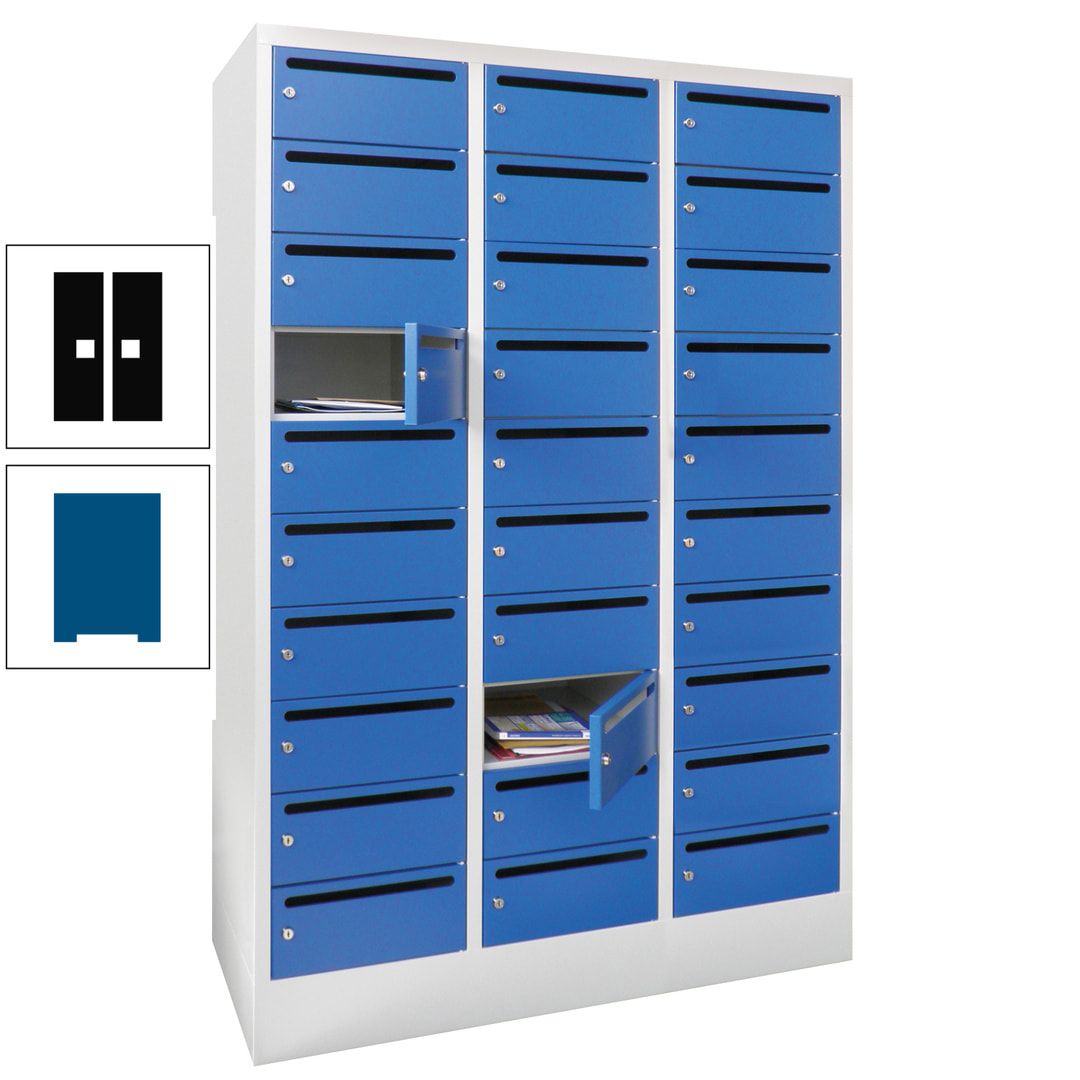 Postverteilerschrank, Schließfachschrank, 3 Abteile a 300 mm, 30 Fächer, 1.850 x 900 x 500 mm (HxBxT), Korpus anthrazitgrau, Front anthrazitgrau