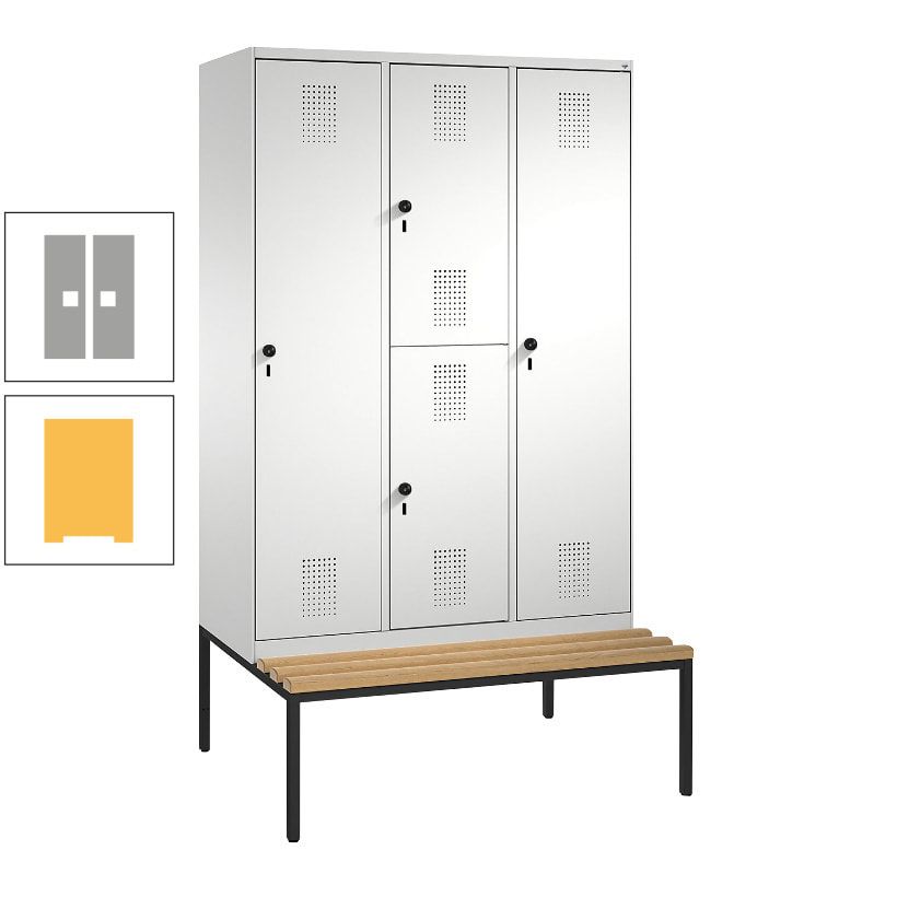 Garderobenschrank, Spind ein- und doppelstöckig Sitzbank, 3 Abteile, 4 Fächer, 2.090x1.200x500 mm (HxBxT), Front anthrazitgrau, Korpus anthrazitgrau