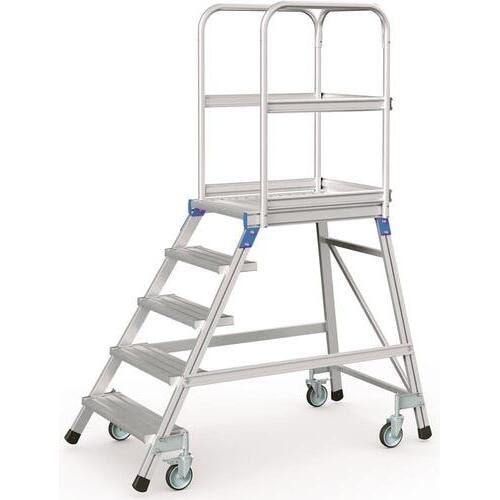 Podesttreppe, fahrbar, 5 Stufen, Aluminium, einseitig, geriffelte Stufen, geschweisste Verbindung, 600x800 mm (BxT) Plattform, Geländer 1.000 mm hoch