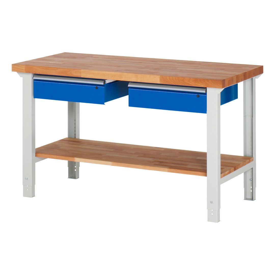 Werkbank mit Ablage - 2 Schubladen - 150:2 - höhenverstellbar 790 - 1.140 mm - 1.500 x 700 mm (BxT) - 750 kg - Buche - Anthrazitgrau