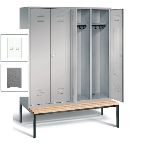 Doppel-Spindschrank, Buche Sitzbank untergebaut, 4 Abteile a 400 mm, Korpus lichtgrau, Tür anthrazitgrau, 2.090 x 1.590 x 815 mm (HxBxT)
