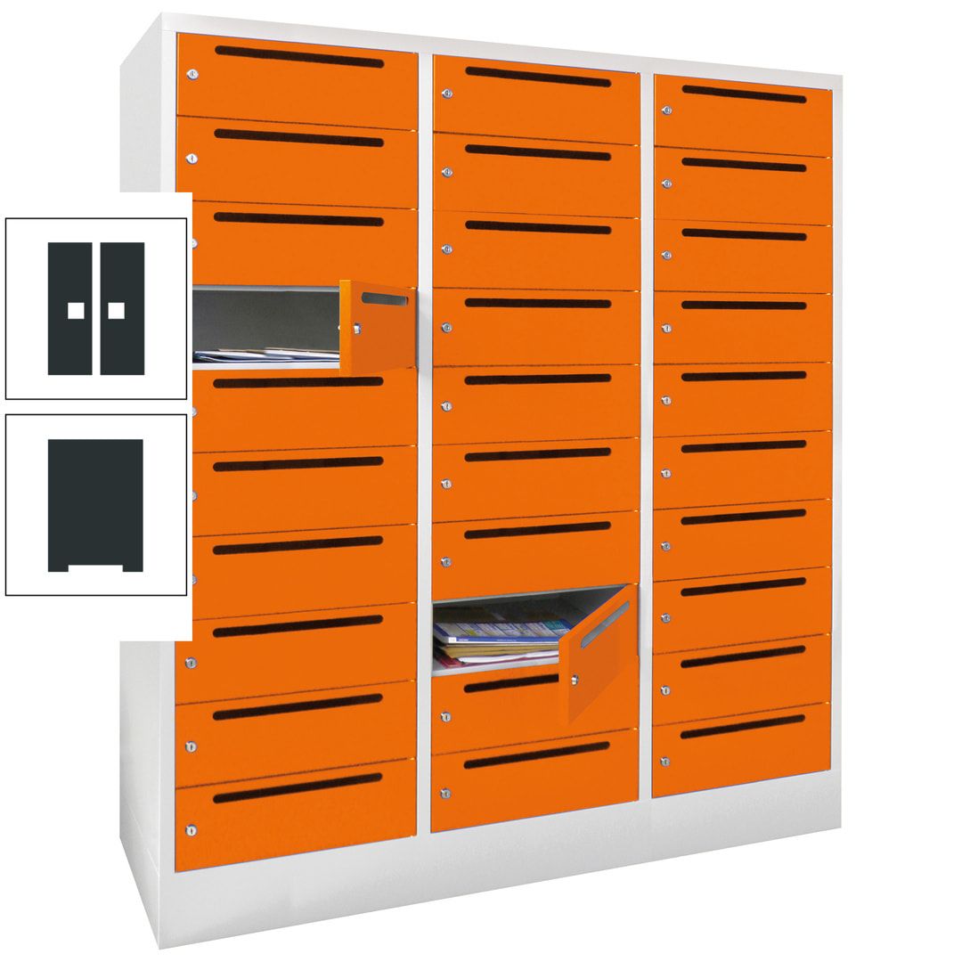 Postverteilerschrank, Schließfachschrank, 3 Abteile a 40 cm, 30 Fächer, 1.850 x 1.200 x 500 mm (HxBxT), Korpus anthrazitgrau, Front anthrazitgrau