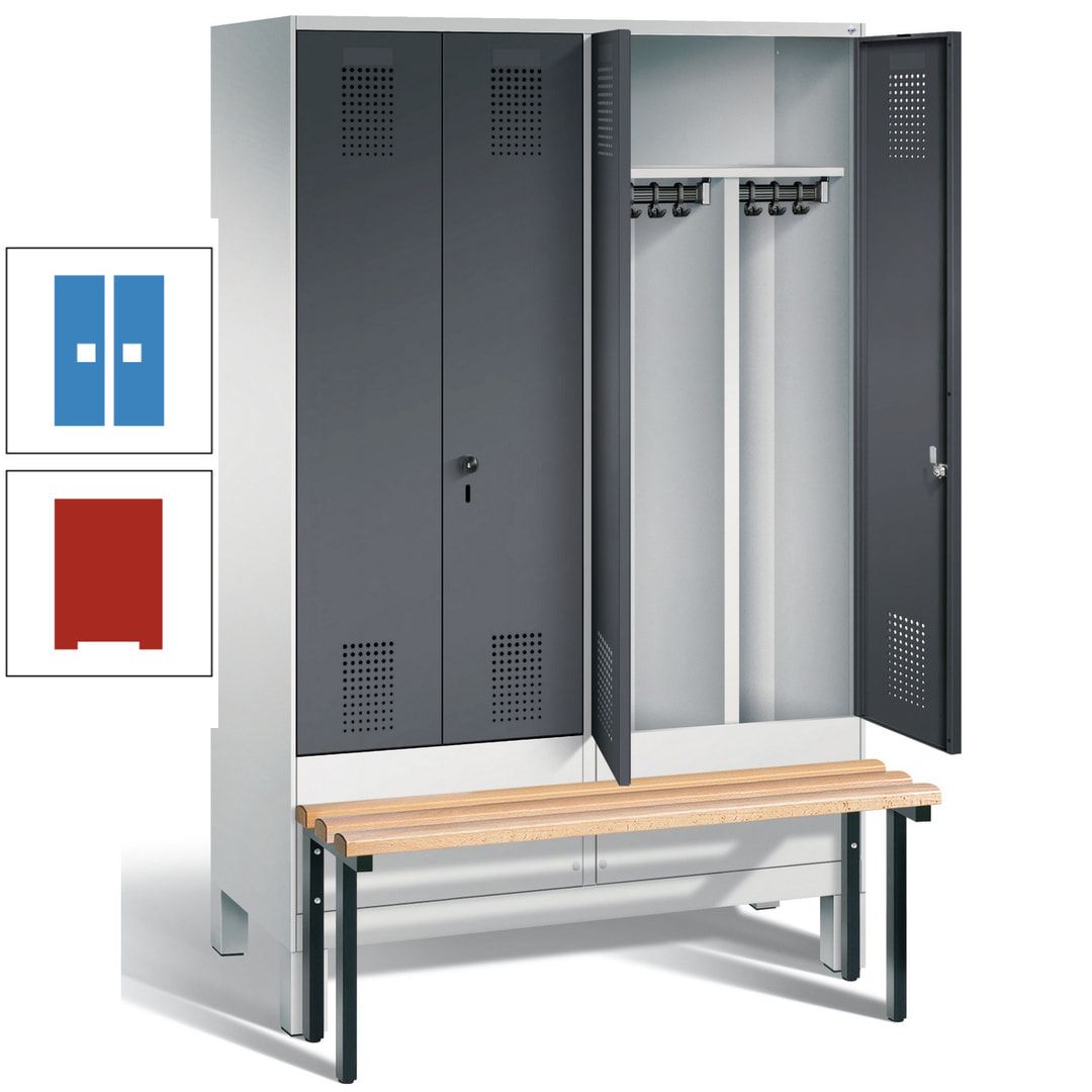 Doppel-Spind, Garderobenschrank, Buche Sitzbank vorgebaut, 4 Abteile a 300 mm, Korpus feuerrot, Tür Wasserblau, 1.850 x 1.200 x 815 mm (HxBxT)