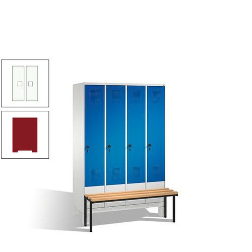 Stahl-Garderobenschrank, Spind, Buche Sitzbank vorgebaut, 4 Abteile a 300 mm, Korpus Lichtgrün, Tür Schwefelgelb, 1.850 x 1.200 x 815 mm (HxBxT)