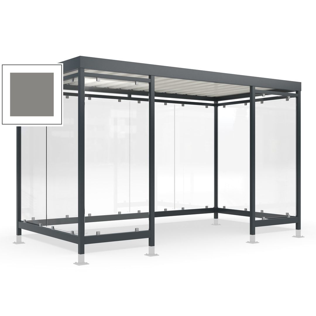 Raucherunterstand für 12-13 Personen, Bushaltestelle, mit Überpflasterung, 2.440 x 4.195 x 2.165 mm (HxBxT), 10 Wände, Achatgrau