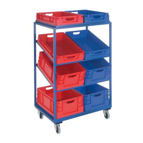 Kommissionierwagen für Eurolagerkästen, Traglast 230 kg, Ladefläche 625 x 805 mm, 4 Etagen, inkl. 2 schräge Fachböden, Farbe enzianblau