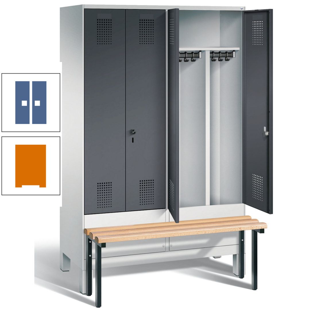 Doppel-Spind, Garderobenschrank, Buche Sitzbank vorgebaut, 4 Abteile a 300 mm, Korpus feuerrot, Tür Wasserblau, 1.850 x 1.200 x 815 mm (HxBxT)