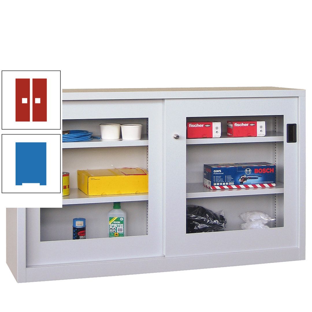 Schiebetürenschrank - Sichtfenstertüren - 1.000x1.500x600 mm (HxBxT) - 4 Böden, verzinkt - Zylinderschloss - anthrazitgrau