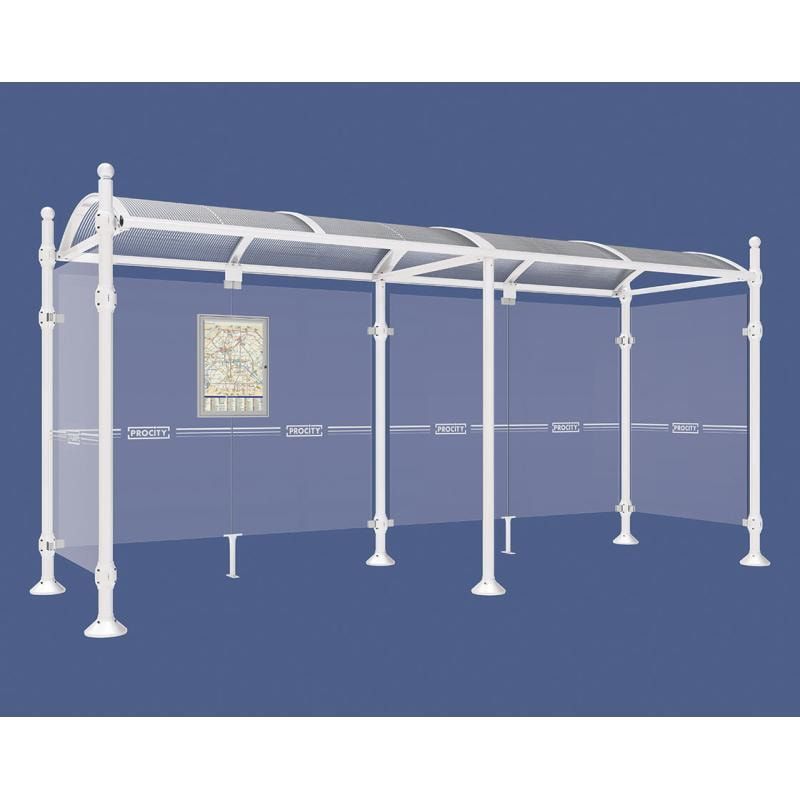 Buswartehalle, Unterstand, 2 Seitenwände, Kopf gebürsteter Edelstahl, ESG, Fahrplanschaukasten, 2.500 x 2.500 x 1.600 mm (HxBxT), Farbe enzianblau