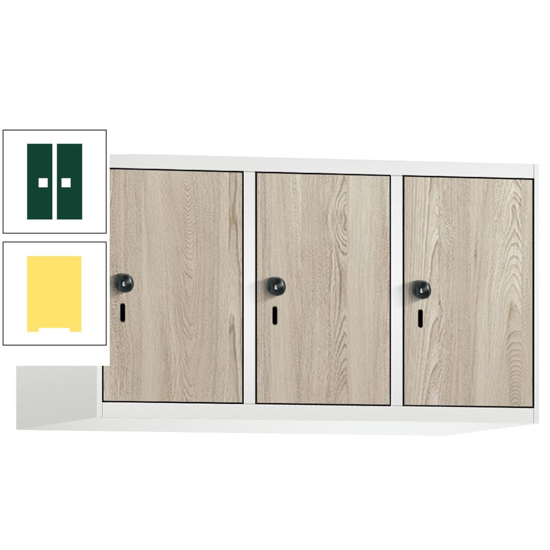Aufsatzschrank, Schrankaufsatz, 3 Fächer a 300 mm, Farbe Pastellgelb, Tür anthrazitgrau, 500 x 900 x 500 mm (HxBxT)