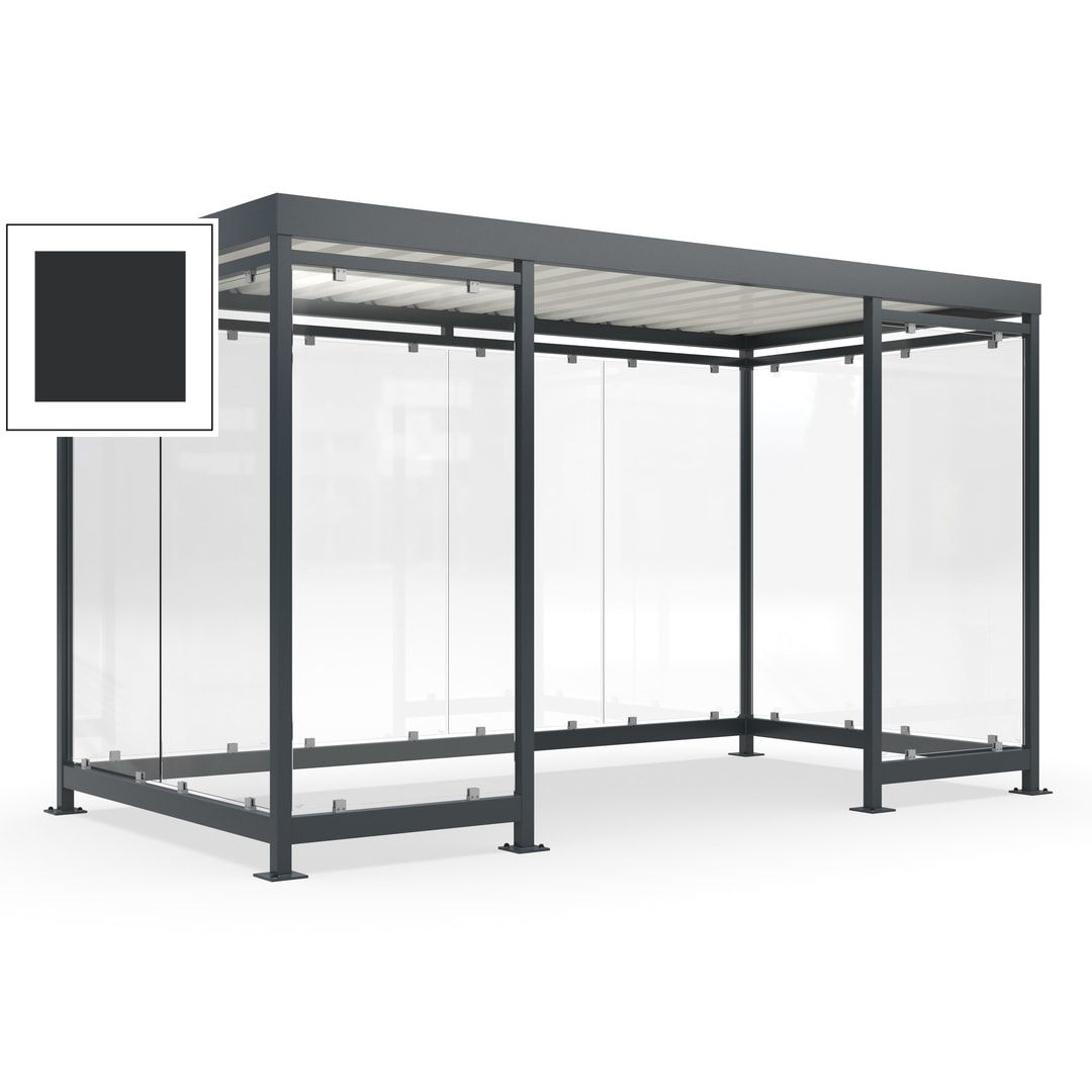 Fahrgastunterstand, Raucherunterstand, fertig montiert, Aufdübeln, 12-13 Personen, 2.510 x 4.195 x 2.165 mm (HxBxT), 10 Wände, Achatgrau