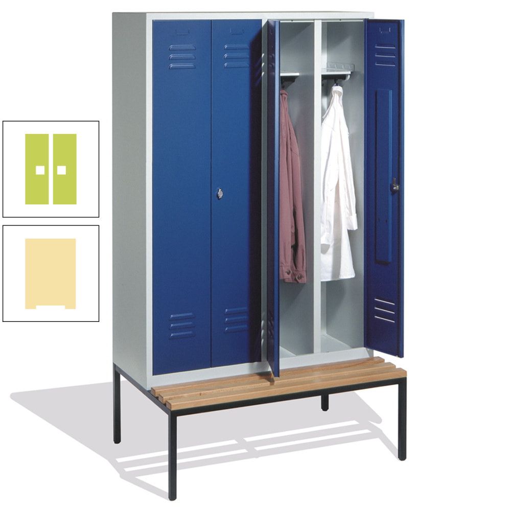 Doppel-Spindschrank, Buche Sitzbank untergebaut, 4 Abteile a 300 mm, Korpus lichtgrau, Tür anthrazitgrau, 2.090 x 1.190 x 815 mm (HxBxT)