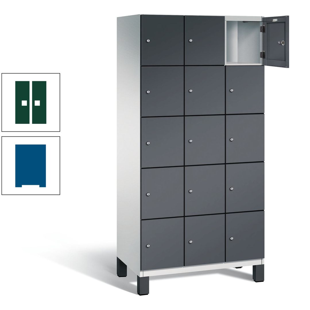Fächerschrank, Stahlschrank, 15 Fächer, Türöffnungsbegrenzer, Füße, 1.980 x 900 x 525 mm (HxBxT), Korpus anthrazitgrau, Front anthrazitgrau