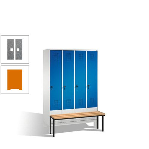 Stahl-Garderobenschrank, Spind, Buche Sitzbank vorgebaut, 4 Abteile a 300 mm, Korpus Lichtgrün, Tür Schwefelgelb, 1.850 x 1.200 x 815 mm (HxBxT)
