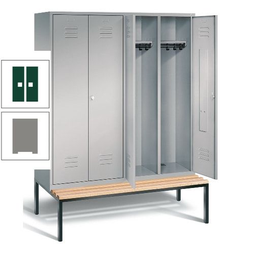 Doppel-Spindschrank, Buche Sitzbank untergebaut, 4 Abteile a 400 mm, Korpus lichtgrau, Tür anthrazitgrau, 2.090 x 1.590 x 815 mm (HxBxT)